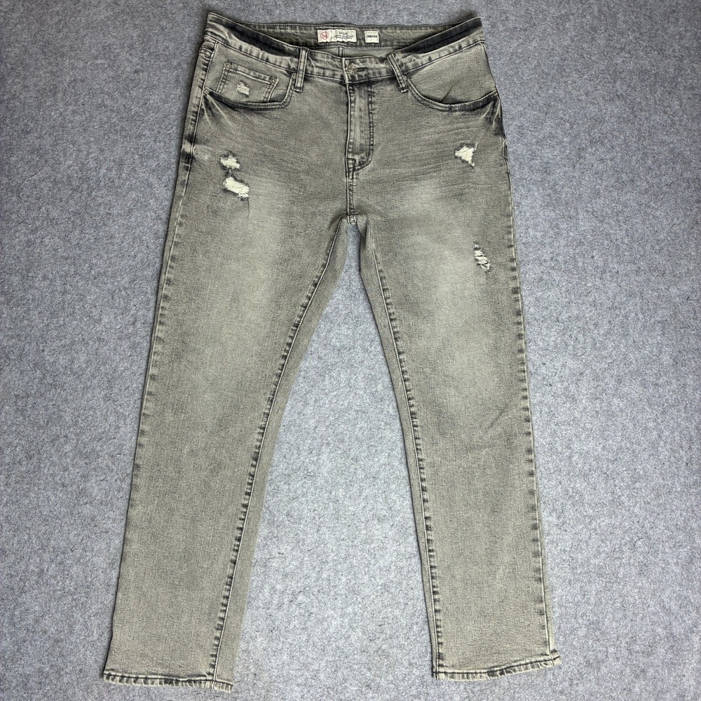 MBX Jeans Mens 36x29 Grey Distressed Straight Leg Denim Pants Whiskered Cotton